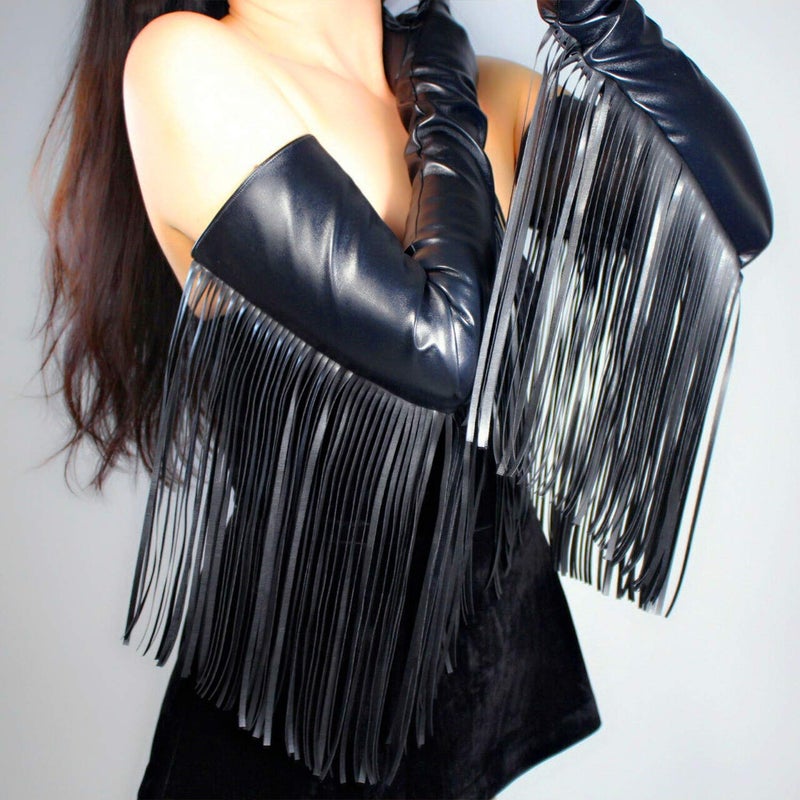 DooWay Long Fringe Gloves Black Women Cowgirl TOUCHSCREEN Faux Lambskin Long Tassle Leather Gloves for Halloween Costume Cosplay - Image 5